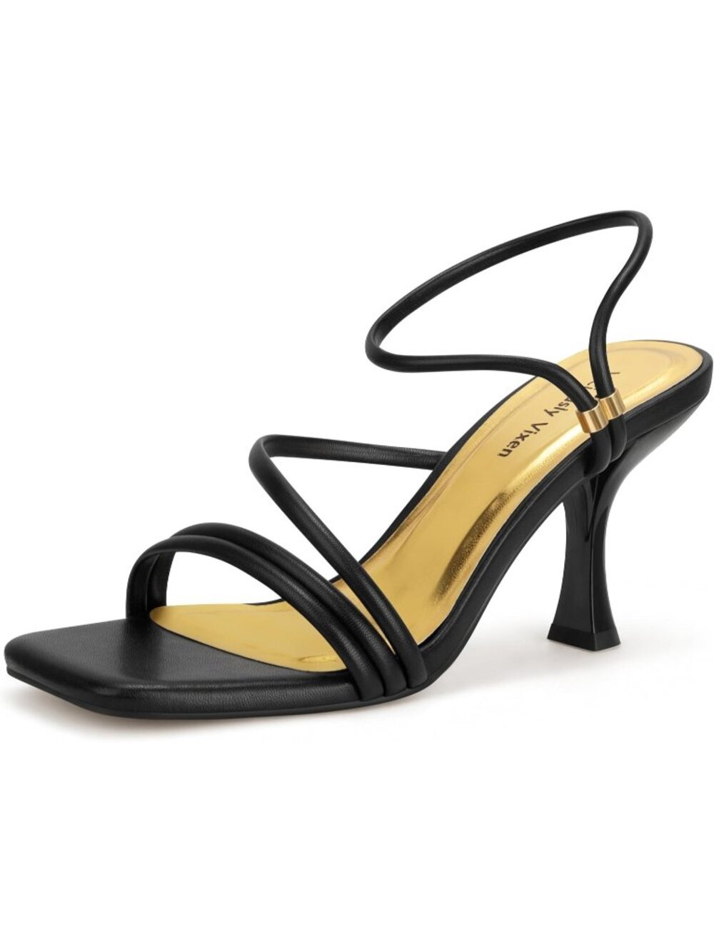 Women's Black Faux Leather Strappy Square Open Toe Ankle Strap Heels Sandals